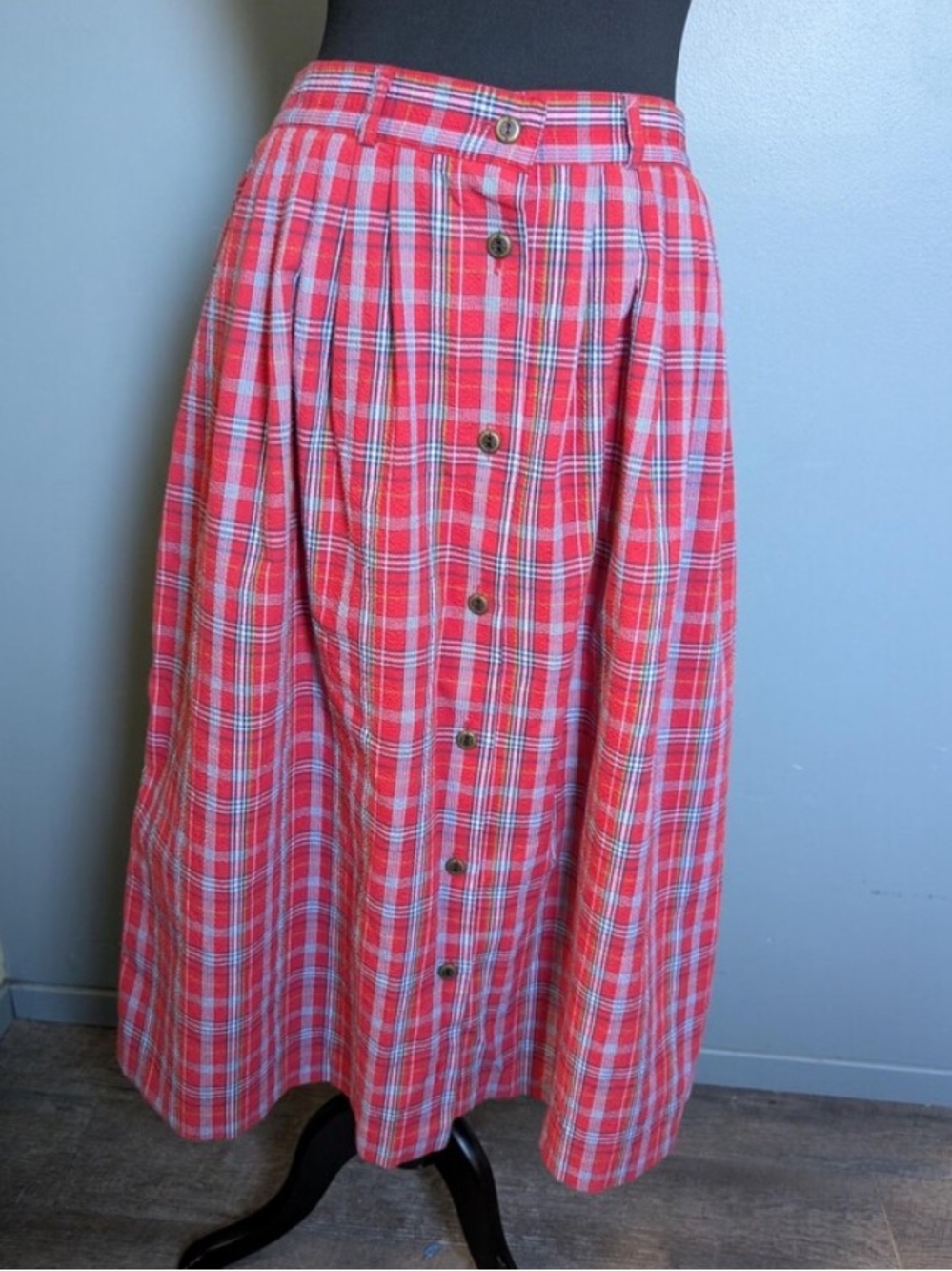 Vintage Koret Red Plaid Button Front Cotton Midi Skirt Academia